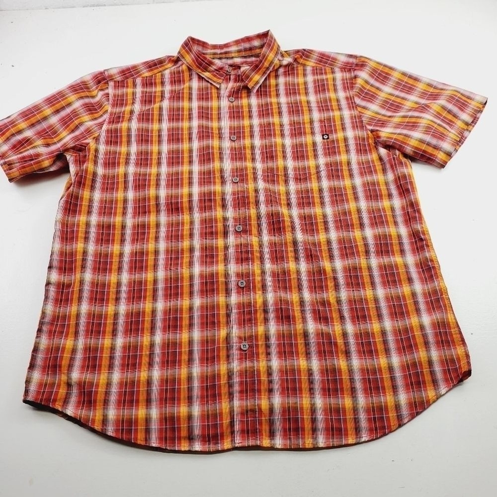 Marmot Men's Short Sleeve Button Down Red/Gold Tartan Plaid Casual Shirt Size XL